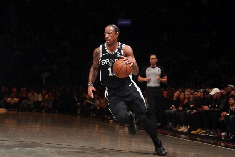 BROOKLYN, NY - MARCH 6: DeMar DeRozan #10 of the San Antonio Spurs handles the ball during the game against the Brooklyn Nets on March 6, 2020 at Barclays Center in Brooklyn, New York. NOTE TO USER: User expressly acknowledges and agrees that, by downloading and or using this Photograph, user is consenting to the terms and conditions of the Getty Images License Agreement. Mandatory Copyright Notice: Copyright 2020 NBAE (Photo by Nathaniel S. Butler/NBAE via Getty Images)