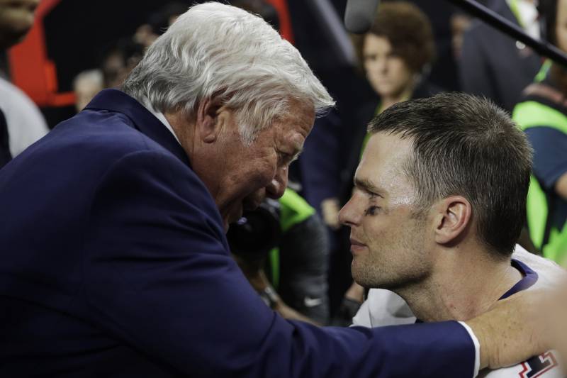 New England Patriots owner Robert Kraft and Tom Brady meet after the NFL Super Bowl 51 football game against the Atlanta Falcons, Sunday, Feb. 5, 2017, in Houston. (AP Photo/Jae C. Hong)
