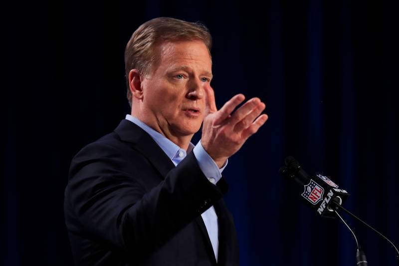 MIAMI, FLORIDA - JANUARY 29: NFL Commissioner Roger Goodell speaks to the media during a press conference prior to Super Bowl LIV at the Hilton Miami Downtown on January 29, 2020 in Miami, Florida. The San Francisco 49ers will face the Kansas City Chiefs in the 54th playing of the Super Bowl, Sunday February 2nd. (Photo by Cliff Hawkins/Getty Images)