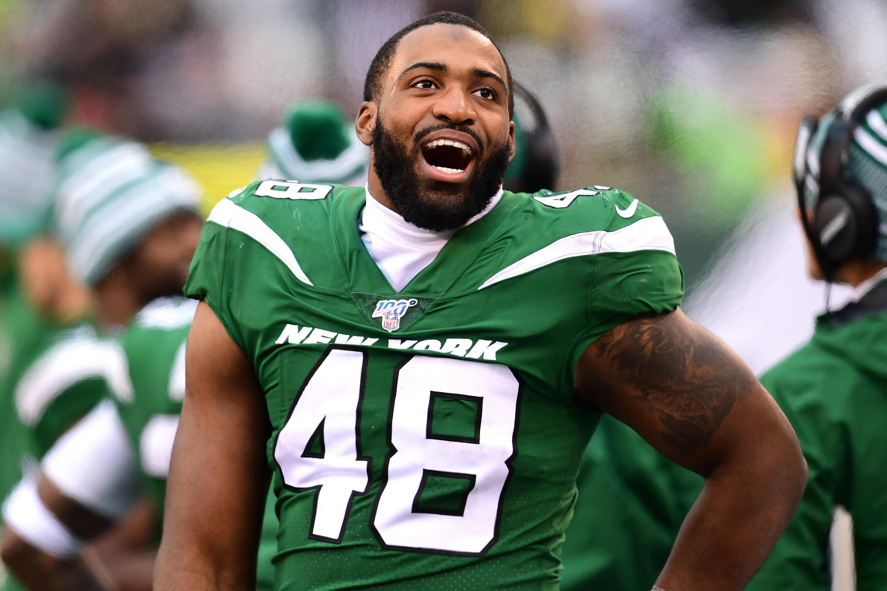 October 13, 2019, New York Jets linebacker Jordan Jenkins (48) reacts to  the win during the NFL game between the Dallas Cowboys and the New York Jets  at MetLife Stadium in East