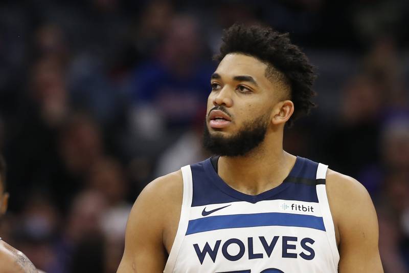 Minnesota Timberwolves center Karl-Anthony Towns during the second half of an NBA basketball game against the Sacramento Kings in Sacramento, Calif., Monday, Feb. 3, 2020. The Kings won 113-109. (AP Photo/Rich Pedroncelli)