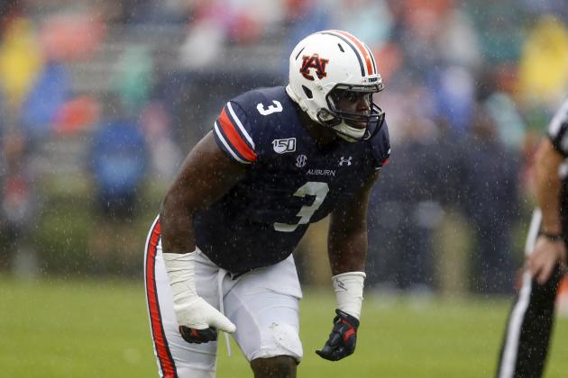 Auburn defensive end Marlon Davidson (3) lines up for a play against Samford during the first half of an NCAA college football game, Saturday, Nov. 23, 2019, in Auburn, Ala. (AP Photo/Butch Dill)