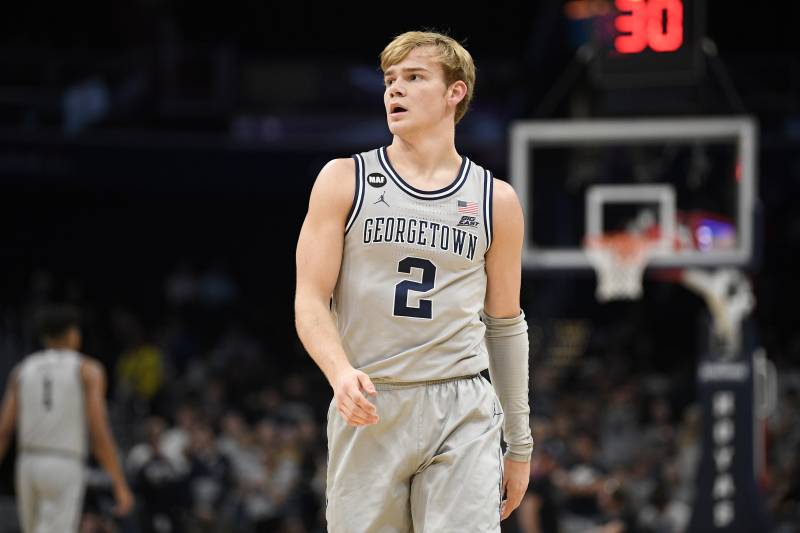 Georgetown guard Mac McClung (2) stands on the court during the second half of an NCAA college basketball game against Creighton, Wednesday, Jan. 15, 2020, in Washington. Georgetown won 83-80. (AP Photo/Nick Wass)