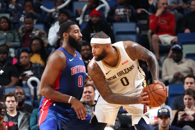NEW ORLEANS, LA - JANUARY 8:  DeMarcus Cousins #0 of the New Orleans Pelicans handles the ball against Andre Drummond #0 of the Detroit Pistons on January 8, 2018 at Smoothie King Center in New Orleans, Louisiana. NOTE TO USER: User expressly acknowledges and agrees that, by downloading and or using this Photograph, user is consenting to the terms and conditions of the Getty Images License Agreement. Mandatory Copyright Notice: Copyright 2018 NBAE (Photo by Layne Murdoch/NBAE via Getty Images)