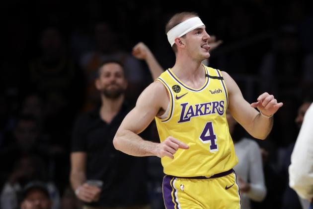Los Angeles Lakers' Alex Caruso reacts after scoring against the New Orleans Pelicans during the second half of an NBA basketball game Tuesday, Feb. 25, 2020, in Los Angeles. (AP Photo/Marcio Jose Sanchez)