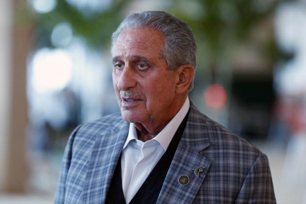 Atlanta Falcons football team owner and chairman Arthur Blank speaks to members of the media at the NFL Fall league meeting, Wednesday, Oct. 16, 2019, in Fort Lauderdale, Fla. (AP Photo/Wilfredo Lee)