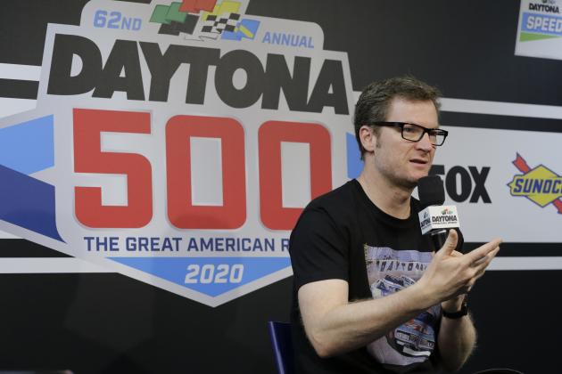 Dale Earnhardt Jr., team owner and TV analyst answers questions during a news conference before the NASCAR Daytona 500 auto race at Daytona International Speedway, Sunday, Feb. 16, 2020, in Daytona Beach, Fla. (AP Photo/Terry Renna)