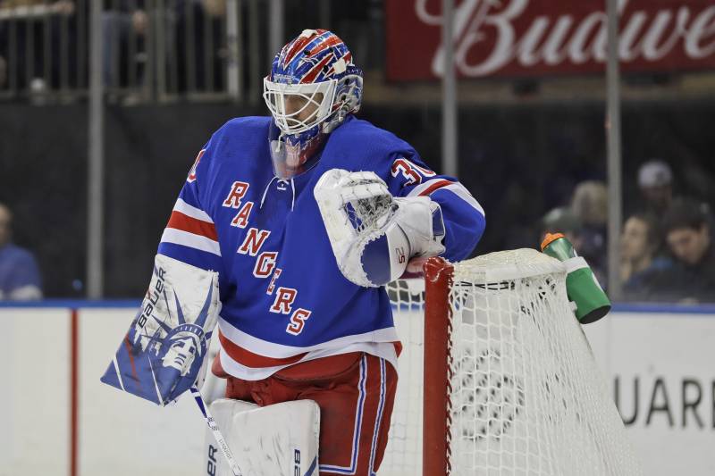 New York Rangers goaltender Henrik  Lundqvist reacts after being scored on by the Philadelphia Flyers during the first period of the NHL hockey game, Sunday, March 1, 2020, in New York. (AP Photo/Seth Wenig)