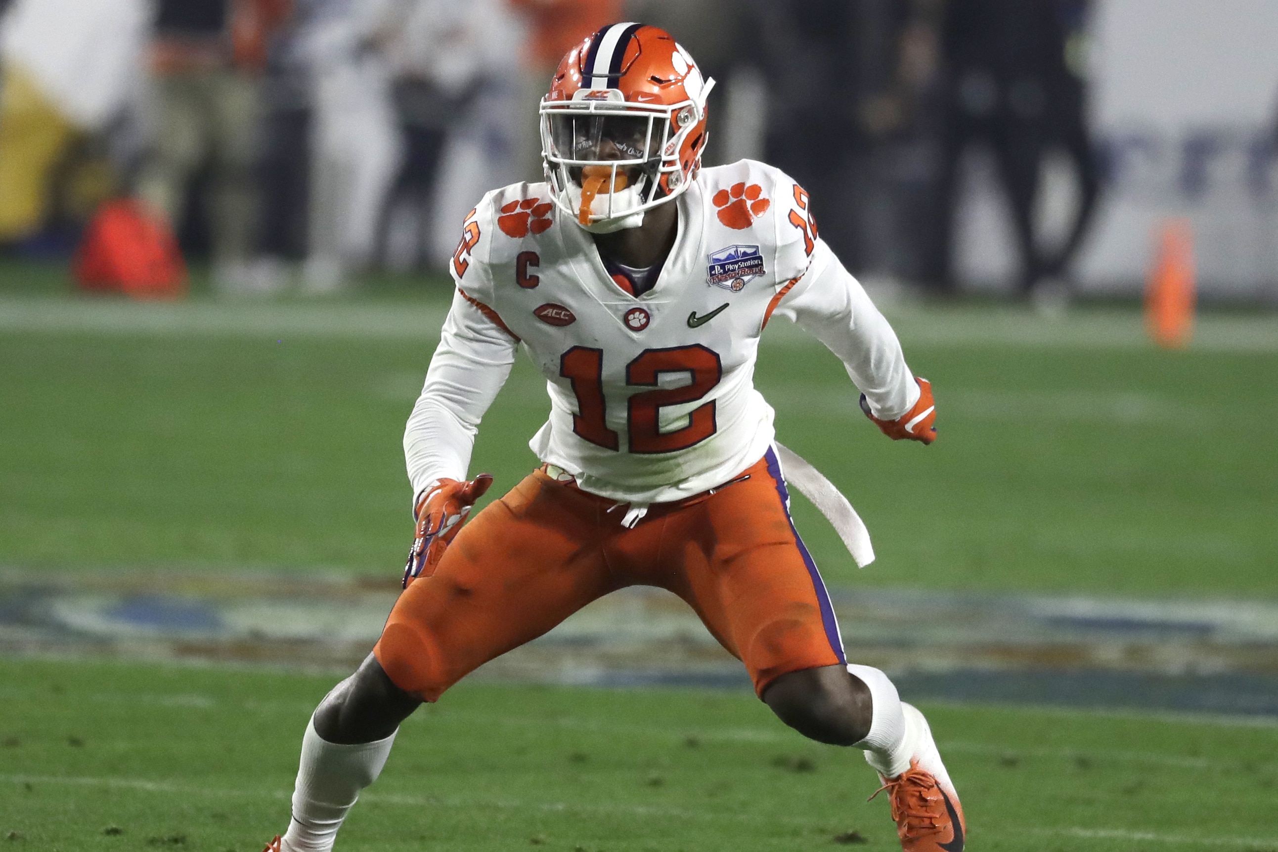 Clemson safety K'Von Wallace (12) during the first half of the Fiesta Bowl NCAA college football game against Ohio State, Saturday, Dec. 28, 2019, in Glendale, Ariz. (AP Photo/Rick Scuteri).