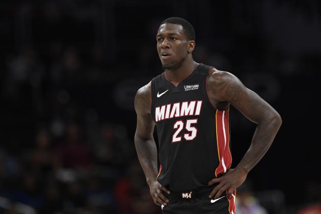 Miami Heat guard Kendrick Nunn (25) stands on the court during the first half of an NBA basketball game against the Washington Wizards, Sunday, March 8, 2020, in Washington. (AP Photo/Nick Wass)