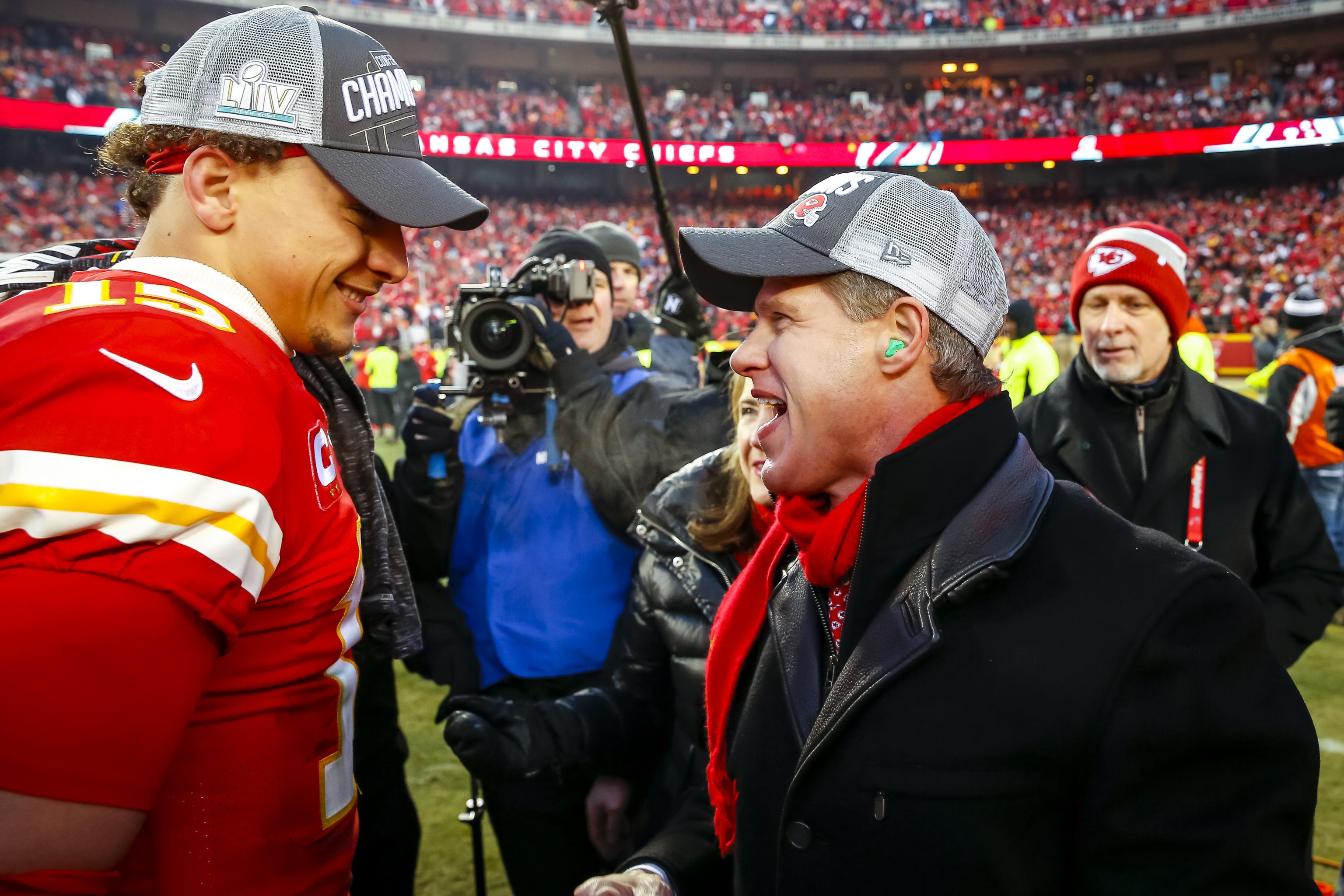 Patrick Mahomes of the Kansas City Chiefs wears a warmup jacket News  Photo - Getty Images