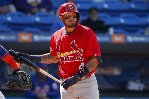 St. Louis Cardinals' Yadier Molina heads back to the dugout after striking out swinging during the sixth inning of a spring training baseball game against the New York Mets Friday, Feb. 28, 2020, in Port St. Lucie, Fla. (AP Photo/Jeff Roberson)