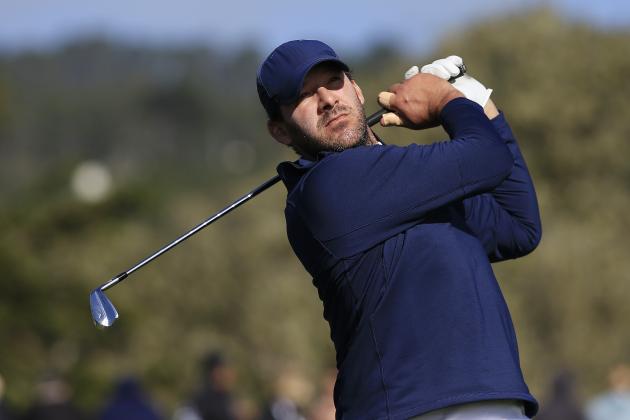 PEBBLE BEACH, CALIFORNIA - FEBRUARY 08: Former NFL player Tony Romo plays his shot from the 17th tee during the third round of the AT&T Pebble Beach Pro-Am at Pebble Beach Golf Links on February 08, 2020 in Pebble Beach, California. (Photo by Chris Trotman/Getty Images)