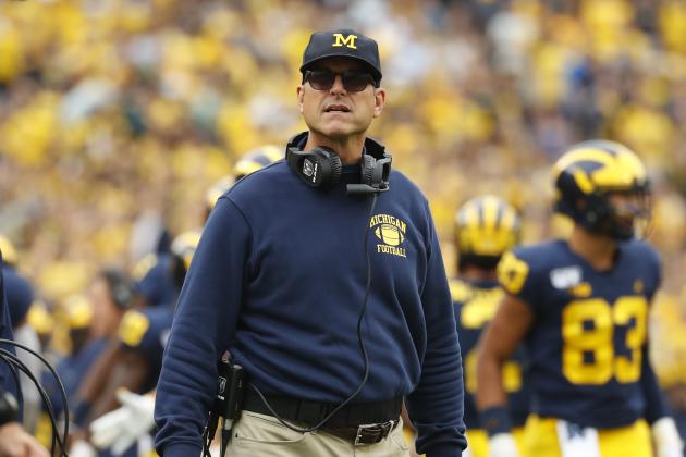 Michigan head coach Jim Harbaugh watches in the second half of an NCAA college football game against Rutgers in Ann Arbor, Mich., Saturday, Sept. 28, 2019. (AP Photo/Paul Sancya)