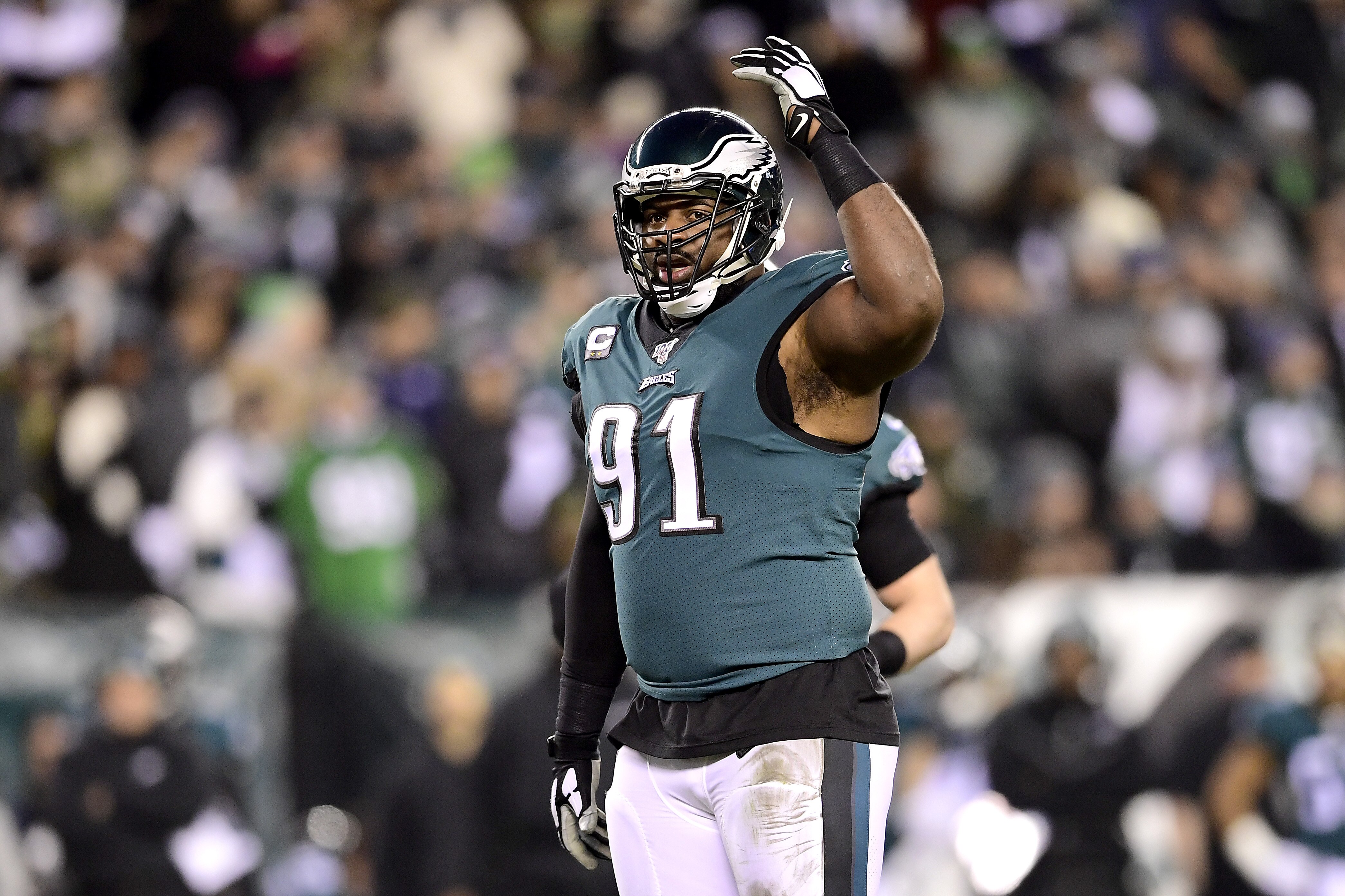 PHILADELPHIA, PENNSYLVANIA - JANUARY 05:  Fletcher Cox #91 of the Philadelphia Eagles gestures to the crowd against the Seattle Seahawks in the NFC Wild Card Playoff game at Lincoln Financial Field on January 05, 2020 in Philadelphia, Pennsylvania. (Photo by Steven Ryan/Getty Images)