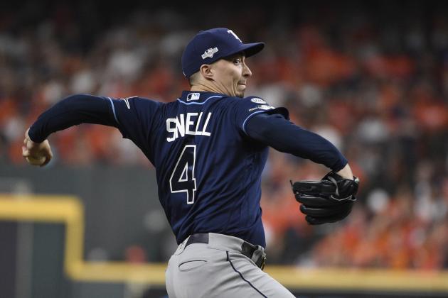 Tampa Bay Rays starting pitcher Blake Snell (4) delivers a pitch against the Houston Astros in the first inning during Game 2 of a best-of-five American League Division Series baseball game in Houston, Saturday, Oct. 5, 2019. (AP Photo/Eric Christian Smith)