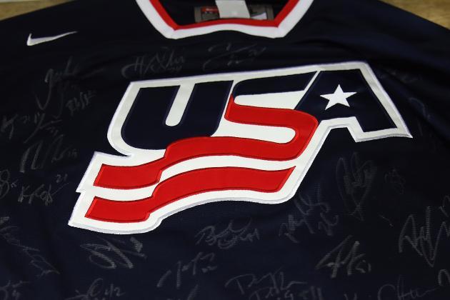 ARLINGTON, VA - AUGUST 27: Jerseys bearing participant names are laid out for autographs following a press conference introducing the 2014 USA Hockey Olympic Team candidates at the Kettler Capitals Iceplex on August 27, 2013 in Arlington, Virginia. (Photo by Bruce Bennett/Getty Images)