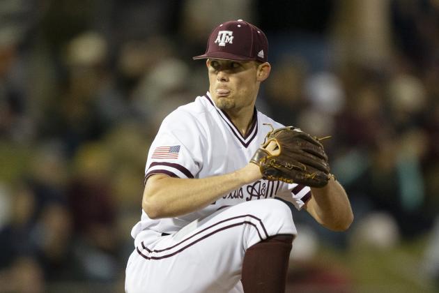 Texas A&M's Asa Lacy (35) throws a strike against a Miami (Oh) batter during an NCAA baseball game on Friday, Feb. 14, 2020, in College Station, Texas. (AP Photo/Sam Craft)
