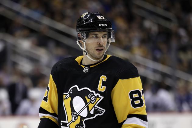 Pittsburgh Penguins' Sidney Crosby prepares for a face-off during the second period of the team's NHL hockey game against the Toronto Maple Leafs in Pittsburgh, Tuesday, Feb. 18, 2020. (AP Photo/Gene J. Puskar)