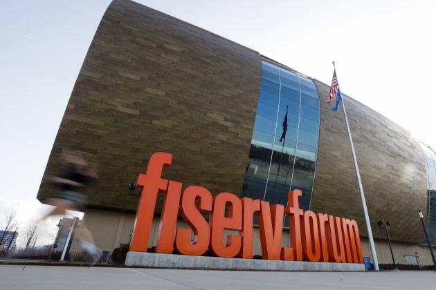 Fiserv Forum stands Thursday March 12, 2020, in Milwaukee. The NBA has suspended its season. The Milwaukee Bucks had been scheduled to play the Boston Celtics on Thursday night at the arena. (AP Photo/Morry Gash)