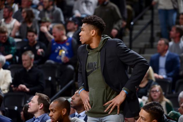 DENVER, CO - MARCH 9: Giannis Antetokounmpo #34 of the Milwaukee Bucks looks on during the game against the Denver Nuggets on March 09, 2020 at the Pepsi Center in Denver, Colorado. NOTE TO USER: User expressly acknowledges and agrees that, by downloading and/or using this Photograph, user is consenting to the terms and conditions of the Getty Images License Agreement. Mandatory Copyright Notice: Copyright 2020 NBAE (Photo by Bart Young/NBAE via Getty Images)