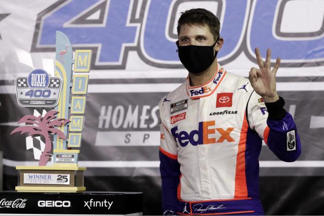 Denny Hamlin celebrates after winning a NASCAR Cup Series auto race Sunday, June 14, 2020, in Homestead, Fla. (AP Photo/Wilfredo Lee)