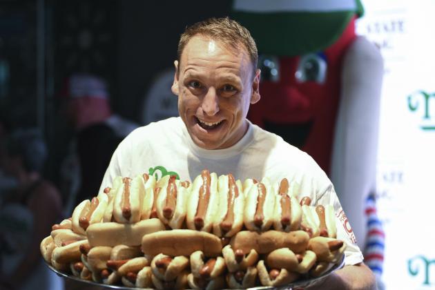 Eleven-time and defending men's champion Joey Chestnut participates in Nathan's Famous international Fourth of July hot dog eating contest weigh-in at the Empire State Building on Wednesday, July 3, 2019, in New York. (Photo by Evan Agostini/Invision/AP)