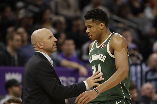 Milwaukee Bucks head coach Jason Kidd talks with Bucks forward Giannis Antetokounmpo as he walks off the court during the first quarter of an NBA basketball game against the Sacramento Kings Tuesday, Nov. 28, 2017, in Sacramento, Calif. (AP Photo/Rich Pedroncelli)