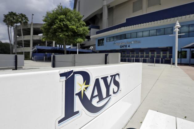 A Rays sticker is shown on a bench outside an empty ticket window at Tropicana Field Thursday, March 26, 2020, in St. Petersburg, Fla. Major League Baseball's regular season has been delayed in an attempt to help stop the spread of the coronavirus. The Rays were scheduled to open the season against the Pittsburgh Pirates. (AP Photo/Chris O'Meara)