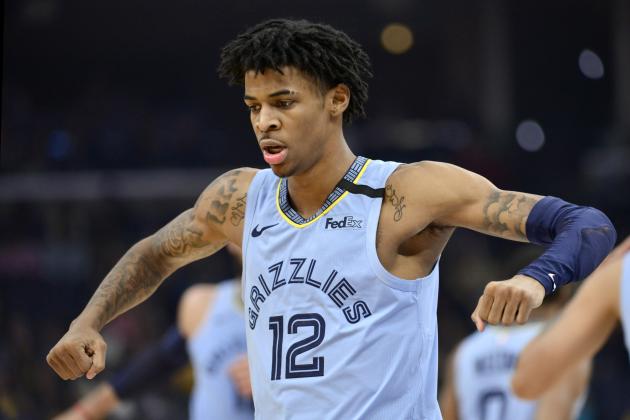 Memphis Grizzlies guard Ja Morant (12) reacts in the second half of an NBA basketball game against the Los Angeles Lakers Saturday, Feb. 29, 2020, in Memphis, Tenn. (AP Photo/Brandon Dill)