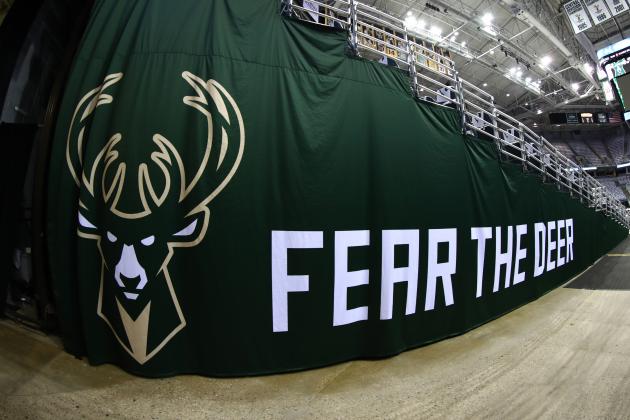 Milwaukee, WI - APRIL 27: A general view of the Milwaukee Bucks logo before the game between the Toronto Raptors and the Milwaukee Bucks during Game Six of the Eastern Conference Quarterfinals of the 2017 NBA Playoffs on April 27, 2017 at the BMO Harris Bradley Center in Milwaukee, Wisconsin. NOTE TO USER: User expressly acknowledges and agrees that, by downloading and/or using this photograph, user is consenting to the terms and conditions of the Getty Images License Agreement. Mandatory Copyright Notice: Copyright 2017 NBAE (Photo by Nathaniel S. Butler/NBAE via Getty Images)