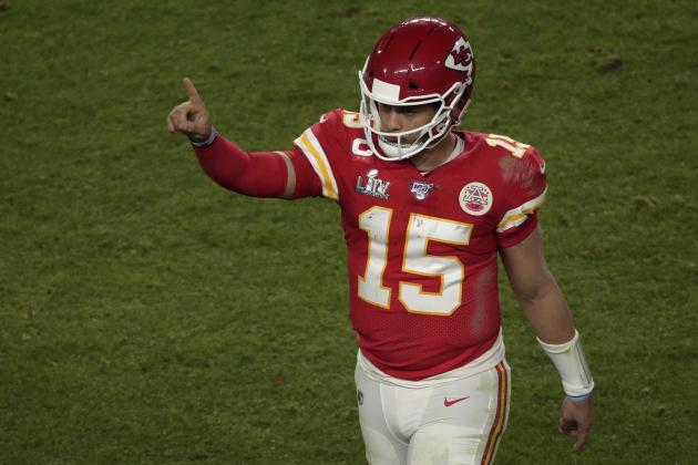 Kansas City Chiefs quarterback Patrick Mahomes (15) gestures after Damien Williams scores his second touchdown, during the second half of the NFL Super Bowl 54 football game Sunday, Feb. 2, 2020, in Miami Gardens, Fla. The Chiefs' defeated the 49ers 31-20. (AP Photo/Charlie Riedel)