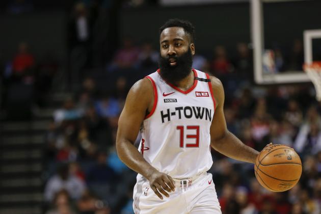 Houston Rockets guard James Harden runs the offense against the Charlotte Hornets during the second half of an NBA basketball game in Charlotte, N.C., Saturday, March 7, 2020. Charlotte won 108-99. (AP Photo/Nell Redmond)
