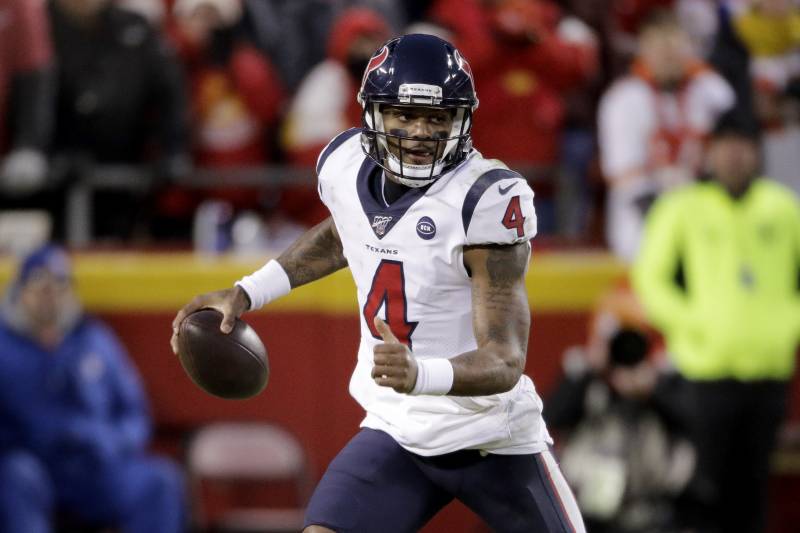 Houston Texans quarterback Deshaun Watson looks for a receiver during the second half of an NFL divisional playoff football game against the Kansas City Chiefs Sunday, Jan. 12, 2020, in Kansas City, Mo. The Chiefs won 51-31. (AP Photo/Charlie Riedel)