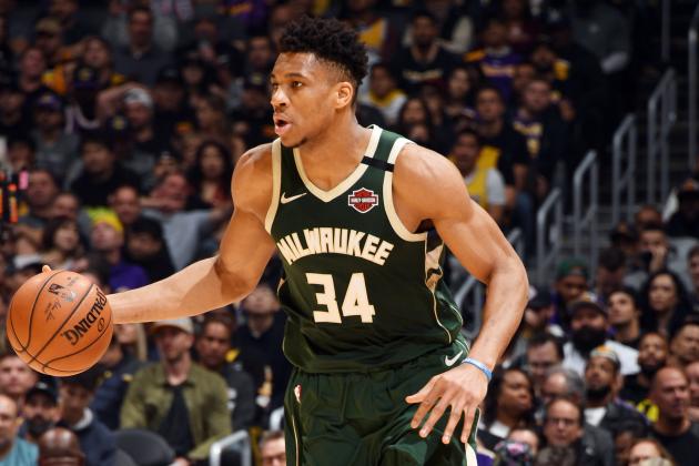 LOS ANGELES, CA - MARCH 6: Giannis Antetokounmpo #34 of the Milwaukee Bucks handles the ball during the game against the Los Angeles Lakers on March 6, 2020 at STAPLES Center in Los Angeles, California. NOTE TO USER: User expressly acknowledges and agrees that, by downloading and/or using this Photograph, user is consenting to the terms and conditions of the Getty Images License Agreement. Mandatory Copyright Notice: Copyright 2020 NBAE (Photo by Andrew D. Bernstein/NBAE via Getty Images)