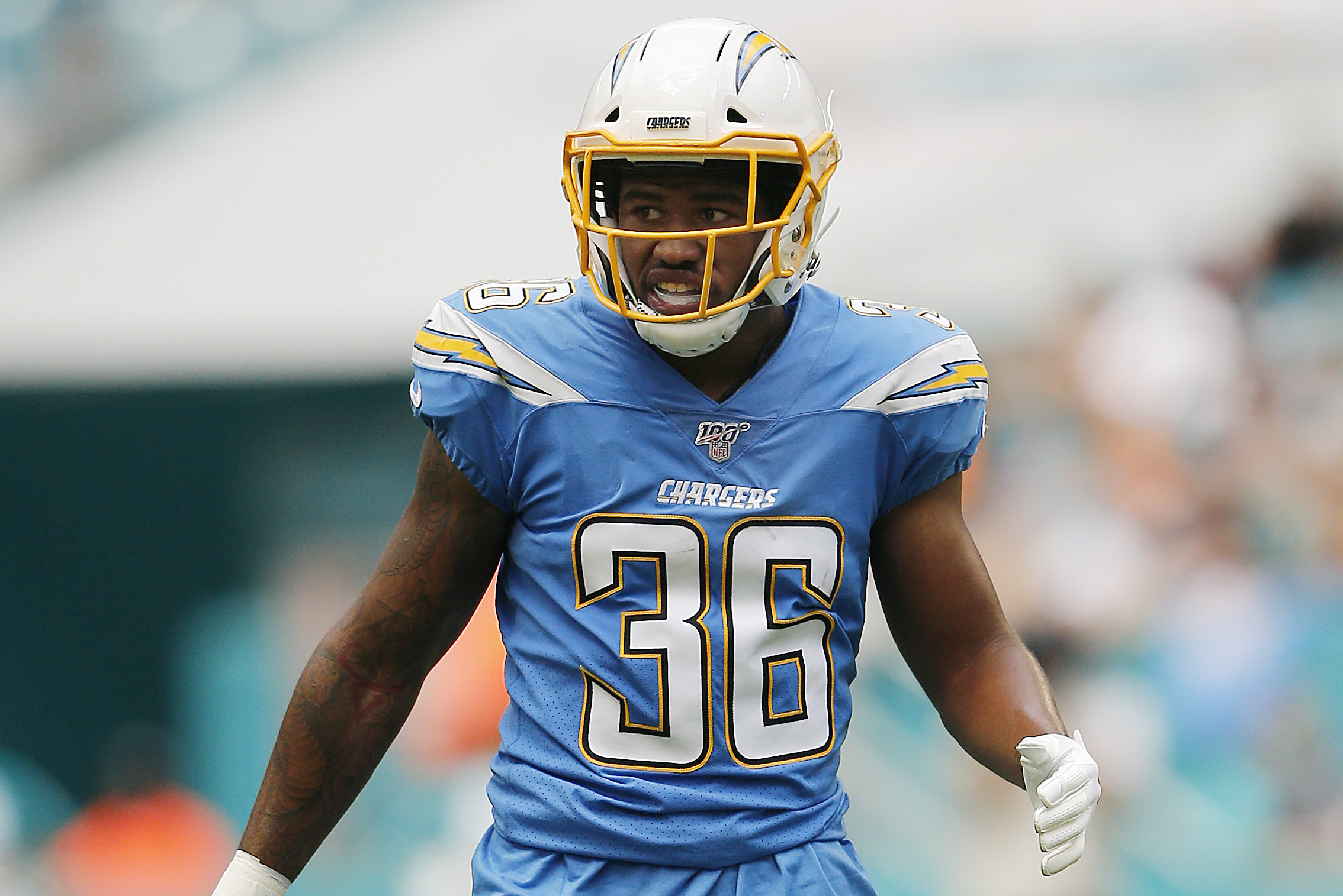 Las Vegas Raiders safety Roderic Teamer (33) celebrates ofter stoping the  Los Angeles Chargers on a fourth down during the second half of an NFL  football game, Sunday, Jan. 9, 2022, in