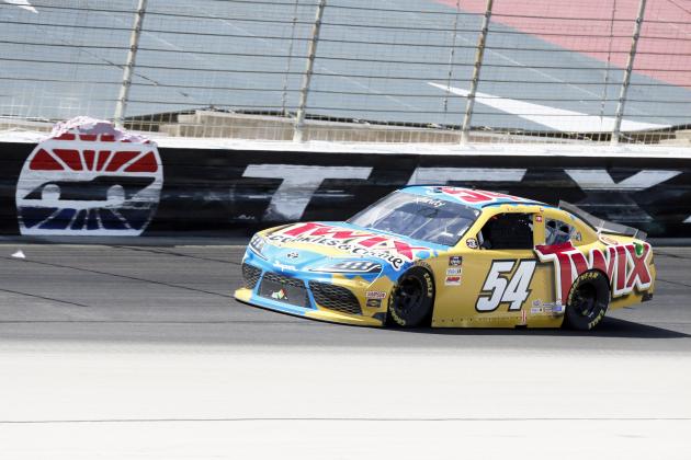Kyle Busch heads for the front stretch during the NASCAR Xfinity auto race at Texas Motor Speedway in Fort Worth, Texas, Saturday, July 18, 2020. (AP Photo/Ray Carlin)