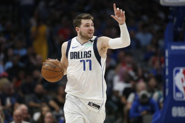 Dallas Mavericks guard Luka Doncic (77) handles the ball against the Denver Nuggets during the second half of an NBA basketball game, Wednesday, March 11, 2020, in Dallas. The Mavericks won 113-97. (AP Photo/Ron Jenkins)
