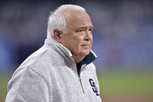 San Diego Padres executive chairman Ron Fowler looks on before the baseball game against the San Francisco Giants Friday, March 29, 2019, in San Diego. (AP Photo/Orlando Ramirez)