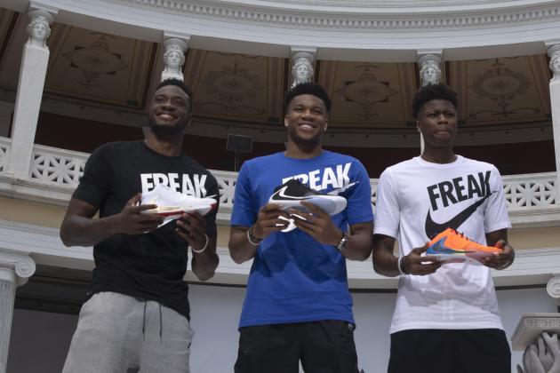 Basketball player Giannis Antetokounmpo, second left, of the Milwaukee Bucks, who was named NBA Most Valuable Player for the 2018-19 poses with his brothers Thanasis, left, Kostas,second right, and Alex, right, during the presentation of his new shoe, in Zappeion hall, Athens, on Friday, June 28, 2019. Antetokounmpo is in Greece to attend a 3x3 baseball tournament which he sponsors. (AP Photo/Petros Giannakouris)