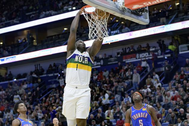 New Orleans Pelicans forward Zion Williamson (1) dunks against the Oklahoma City Thunder in the second half of an NBA basketball game in New Orleans, Thursday, Feb. 13, 2020. (AP Photo/Matthew Hinton)
