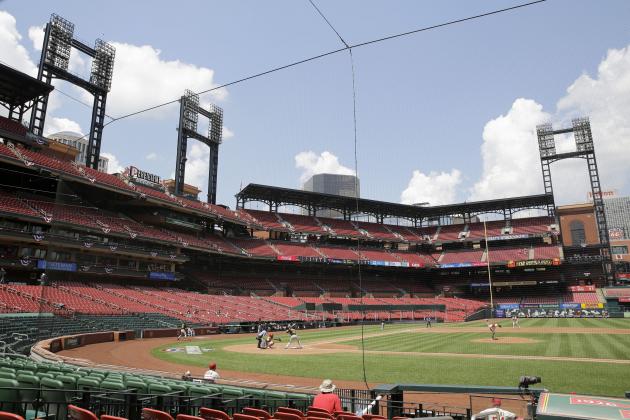 In this general view of Busch Stadium the St. Louis Cardinals play the Pittsburgh Pirates without fans in the stands during the third inning of a baseball game Saturday, July 25, 2020, in St. Louis. (AP Photo/Jeff Roberson)