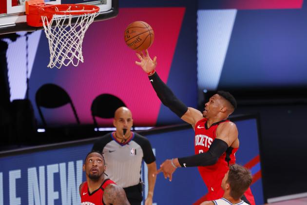 Houston Rockets' Russell Westbrook goes up for a shot against the Milwaukee Bucks during an NBA basketball game Sunday, Aug. 2, 2020, in Lake Buena Vista, Fla. (Mike Ehrmann/Pool Photo via AP)