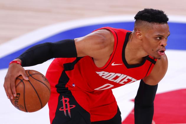Houston Rockets' Russell Westbrook moves the ball against the Milwaukee Bucks during an NBA basketball game Sunday, Aug. 2, 2020, in Lake Buena Vista, Fla. (Mike Ehrmann/Pool Photo via AP)