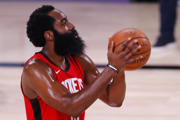 Houston Rockets' James Harden shoots against the Milwaukee Bucks during an NBA basketball game Sunday, Aug. 2, 2020, in Lake Buena Vista, Fla. (Mike Ehrmann/Pool Photo via AP)