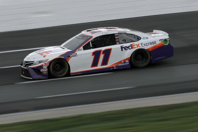 Driver Denny Hamlin (11) races during a NASCAR Cup Series auto race, Sunday, Aug. 2, 2020, at the New Hampshire Motor Speedway in Loudon, N.H. (AP Photo/Charles Krupa)