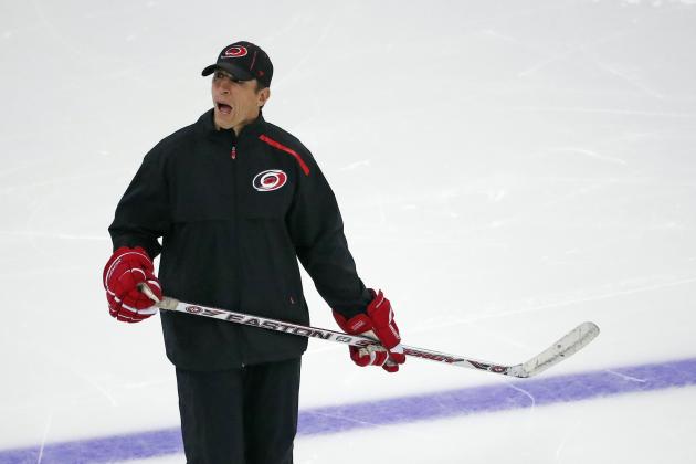 Carolina Hurricanes coach Rod Brind'Amour directs his team during an NHL hockey training session in Raleigh, N.C., Wednesday, July 15, 2020. (AP Photo/Gerry Broome)