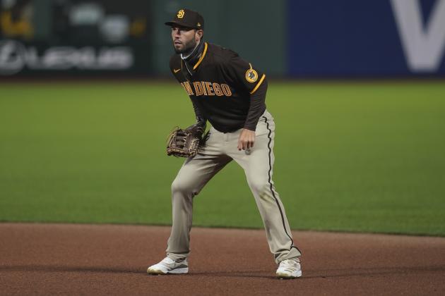 San Diego Padres' Eric Hosmer against the San Francisco Giants during a baseball game in San Francisco, Tuesday, July 28, 2020. (AP Photo/Jeff Chiu)