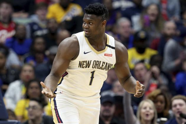 New Orleans Pelicans forward Zion Williamson (1) reacts after a basket in the first half of an NBA basketball game in New Orleans, Sunday, March 1, 2020. (AP Photo/Rusty Costanza)