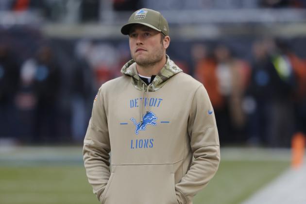 Detroit Lions quarterback Matthew Stafford watches from the sidelines during warmups before an NFL football game against the Chicago Bears in Chicago, Sunday, Nov. 10, 2019. (AP Photo/Charles Rex Arbogast)
